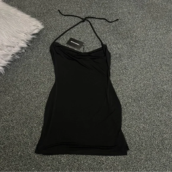 PRETTYLITTLETHING Black Slinky Halter-neck Cowl Neck Bodycon Mini Dress size 8 - Picture 12 of 16